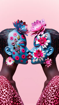 Portrait of a young, beautiful couple in love on an abstract spring background, with fresh, colorful meadow flowers adorning their faces and bodies, set against a pink plant and nature concept backdro