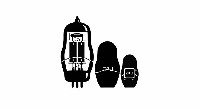 Retro vacuum tube and nested dolls symbolize technological evolution and miniaturization.