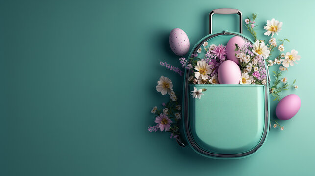 An Easter holiday travel concept featuring a suitcase filled with bunny ears, pastel outfits, and festive decorations, all set for a cheerful spring getaway.