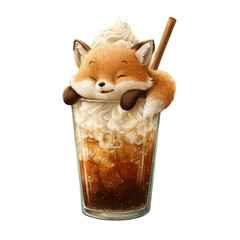 Cute fox resting on a whipped cream topped drink with ice cubes in a glass