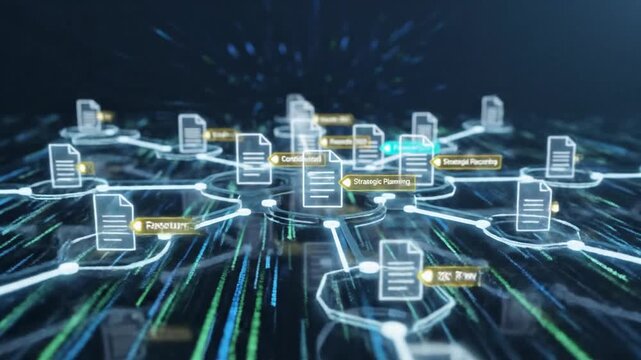 Cinematic visualization of abstract digital metadata tagging and taxonomy structures showing flowing information and complex data classification in a futuristic high-tech environment