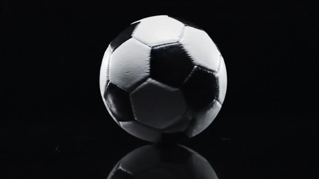Cinematic slowmotion footage of a leather soccer ball rotating against a deep black background, highlighting professional sport equipment with dramatic lighting in high resolution 4K.