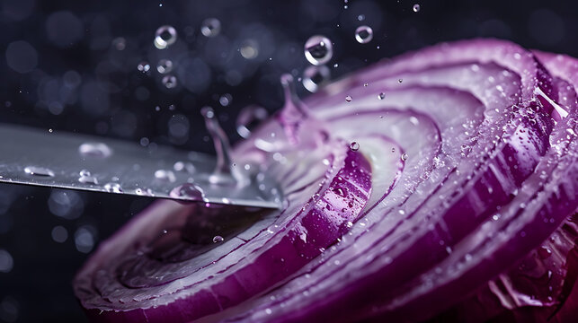 Fresh red onion slices with water drops closeup, chef hands cutting purple vegetable for ingredient, healthy organic kitchen cooking background

