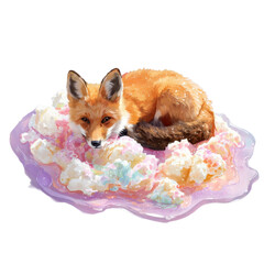 Fox resting on a colorful fluffy surface with pastel colors during a bright day