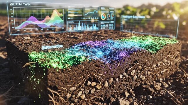 Cinematic slow motion visual of artificial intelligence enhanced digital twin soil analysis system capturing real-time moisture levels for smart precision farming technology data visualization