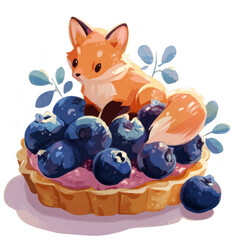 Fox on blueberry tart with leaves in a colorful dessert setting during the daytime