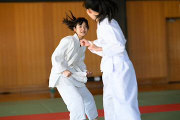 空手教室で組手の練習をする小学生の女の子二人　真剣な眼差しの武道少女 © apiox