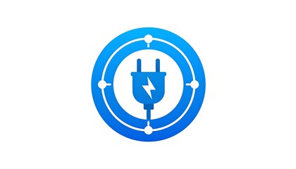 A blue and white logo of a plug with a lightning bolt