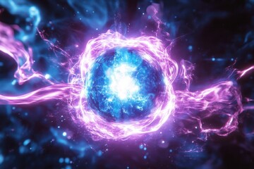Obraz premium Colorful cosmic energy sphere surrounded by swirling light in a dark background