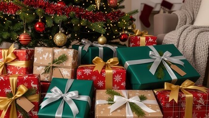 group of beautifully wrapped christmas presents under a festive holiday tree background
