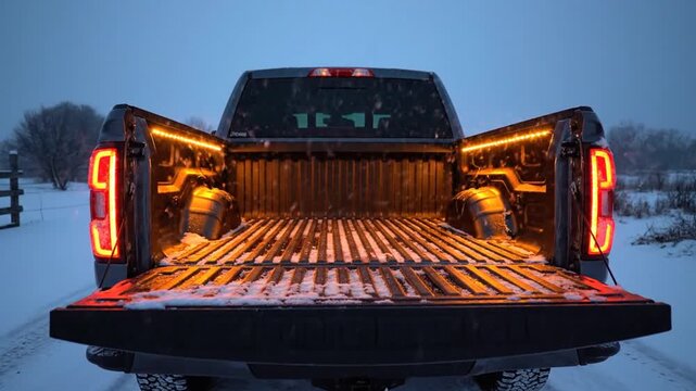 A pickup truck's tailgate is open showing an illuminated bed on a snowy road at dusk from behind