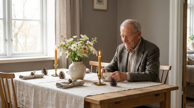 Senior man sitting  on his birthday party table.