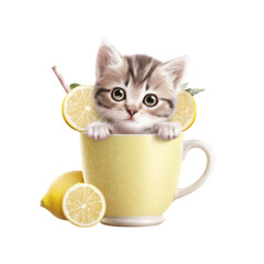 Cute kitten sits in a yellow cup with lemons and a straw enjoying a sunny afternoon in a kitchen setting