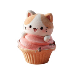 Cute cat figure sitting on top of a cupcake with pink frosting in a light setting