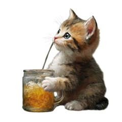 Cute kitten drinks from jar filled with honey while sitting on a plain surface during a bright afternoon