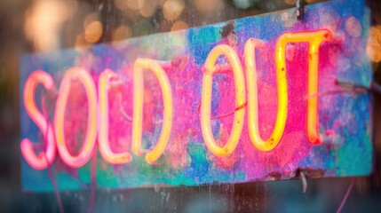 Bright neon sold out sign in window during evening hours