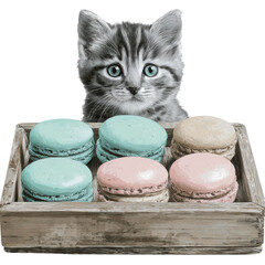 Cute kitten looks at colorful macarons in a wooden tray with a simple background during daytime