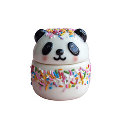 Cute panda-shaped container with colorful sprinkles on top and a round body that can hold small items or snacks