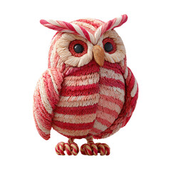 Colorful owl doll made of woven fabric with stripes in red and white, placed on a plain background