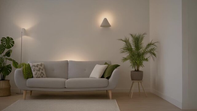 Modern Minimalist Living Room Interior Design with Cozy Gray Sofa, Stylish Houseplants, and Warm Ambient Lighting