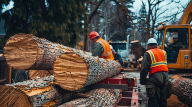 Workers loading timber logs onto truck for transportation