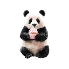 Cute panda holds a cupcake with pink icing in a fun and colorful setting