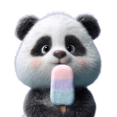 Cute panda holding a colorful popsicle while smiling at the camera in a bright setting during daylight hours