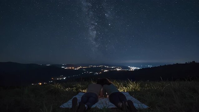 Romantic Night Under the Stars: A Young Couple Enjoying the Milky Way View in Nature