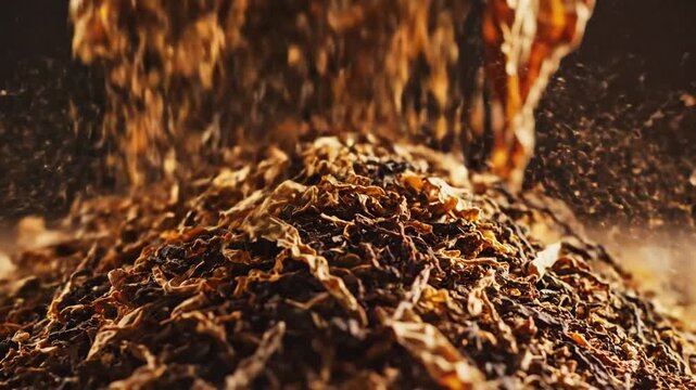 Detailed cinematic closeup of dried organic tobacco leaf crushed into a fine golden brown texture highlighting agricultural herb harvest and natural botanical pattern background backdrop.