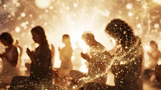 People in prayer with hands raised, surrounded by golden light and floating particles. Spiritual devotion, collective faith, and sacred connection concept. Inner peace, hope, transcendent reverence.