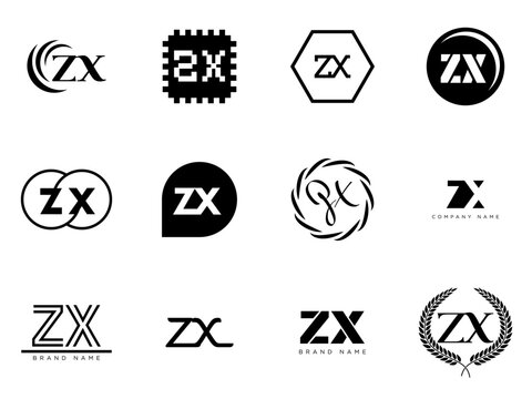 ZX logo company template. Letter z and x logotype. Set different classic serif lettering and modern bold text with design elements. Initial font typography.