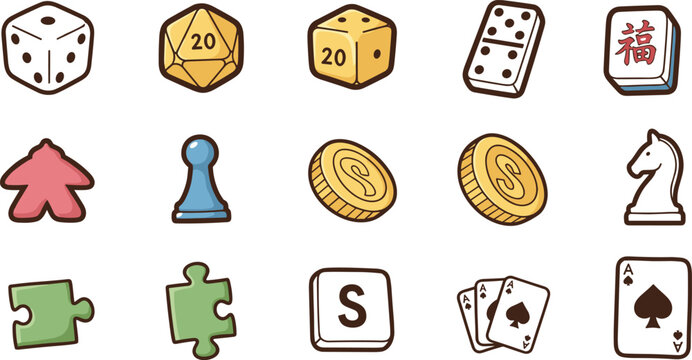 Cartoon vector illustration of board game icons including dice, domino, Mahjong tile, chess piece, cards, meeple, pawn, and puzzle for gaming projects