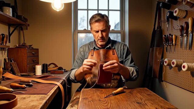 Skilled Male Craftsman Working in Leather Workshop