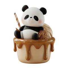 Cute panda figure sitting on ice cream with caramel sauce and a cookie, showing a playful dessert scene indoors