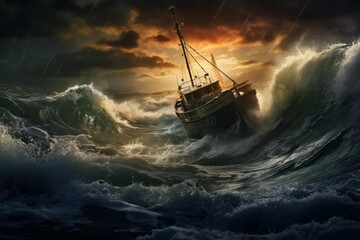 Fishing boat navigating through high waves and rain in a dramatic ocean storm at sunset