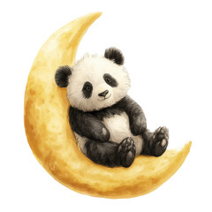 Cute panda sitting on a moon under a clear night sky during a peaceful night