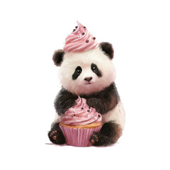 Panda sits with cupcake topped with pink frosting in a fun display during a playful moment