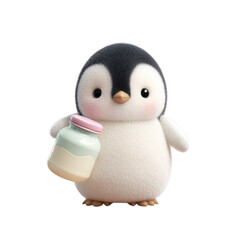 Cute penguin holding a jar of cream in a playful setting during daytime