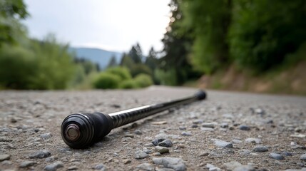A trekking pole with a rubberized handle lies on a gravel path with a blurred natural landscape of trees and mountains in the background