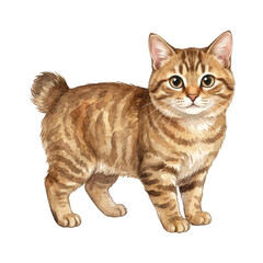 Obraz premium Watercolor illustration of a cute Japanese Bobtail cat with a short, fluffy tail and tabby markings, standing and looking forward.
