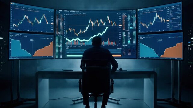 A dark, moody trading room with multiple monitors showing the S P 500 and Nasdaq tickers. A leather desk pad, a high-end mechanical keyboard, and a financial newspaper in the corner. Professional, ser