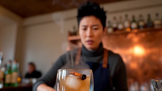 Bartender Ignites Cocktail with Dramatic Flame at Trendy Bar Setting
