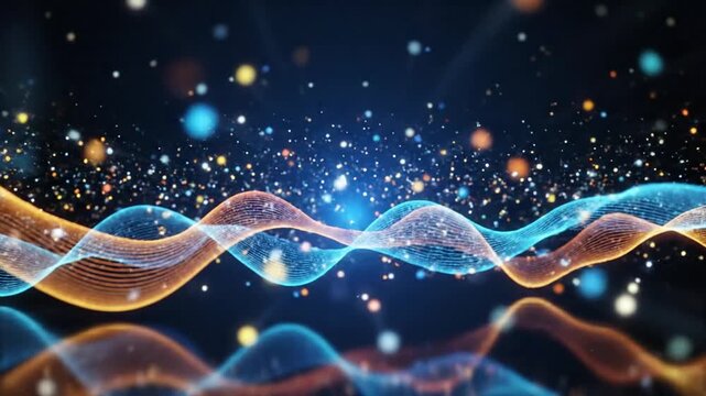Vibrant wavy lines dance across a dark background, illuminated by floating particles and spheres from a dynamic front viewpoint.
