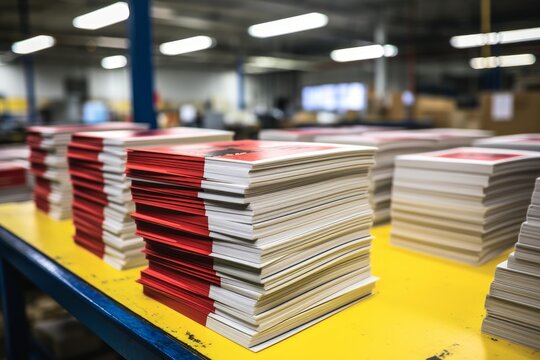 Stacks of newly printed brochures with red covers waiting for further processing in a factory