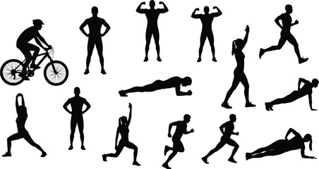 Fitness sport silhouettes set, athletes exercising, running, cycling, strength training, workout poses, black vector people illustration collection