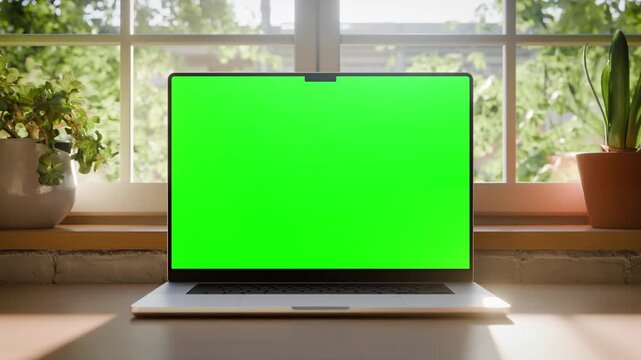 Laptop Screen Mockup &ndash; Front View with Chroma Key Green Screen, Loopable Background with Moving Trees Outside Window, Bright Loft Home Office Interior