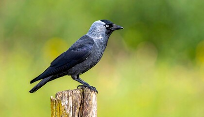 Blackbird perched on wooden stump outdoors.