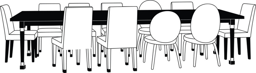 Modern dining table and chairs illustration, minimalist furniture arrangement, black and white interior design vector for home, office, decor