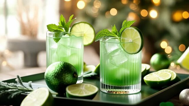 Refreshing green mint lime mocktails on tray with festive bokeh background