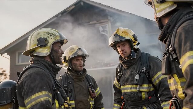 Courageous Firefighters Battling a Blaze Together in Front of a Smoking House